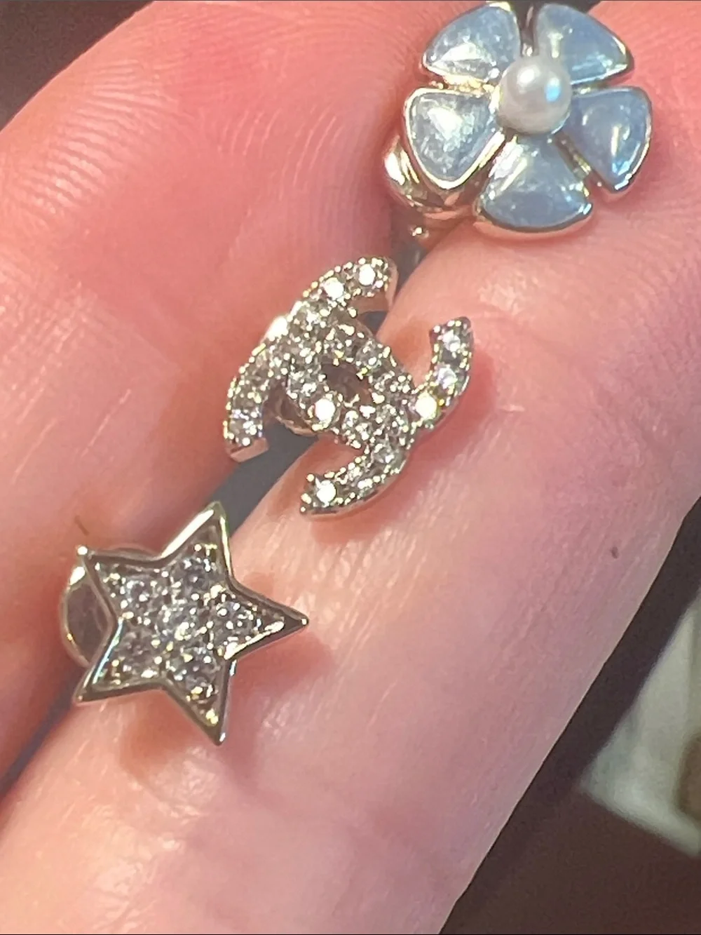 Silver Crystal C  & Light Blue Enamel Flower Trio Studs